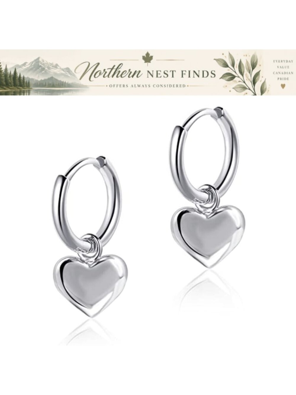Silver Heart Dangle Huggie Hoop Earrings Hypoallergenic